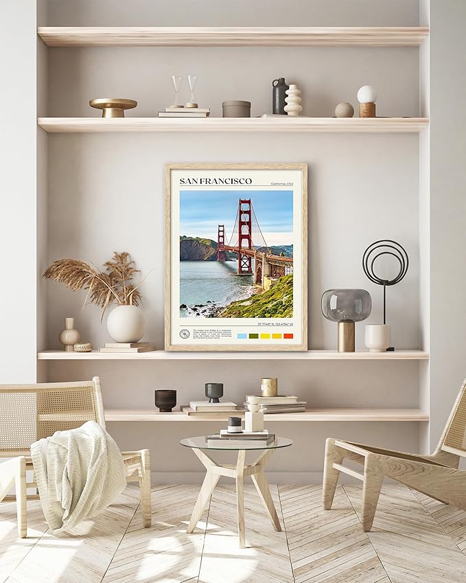 HesenDot Natural OAK Wood Golden Gate Bridge Framed Wall Art,12x16in San Francisco City Skyline Canvas Wall Print,Modern Urban Landmark Wall Decor for Living Room,Bedroom,Office Gallery Gifts Set of 1