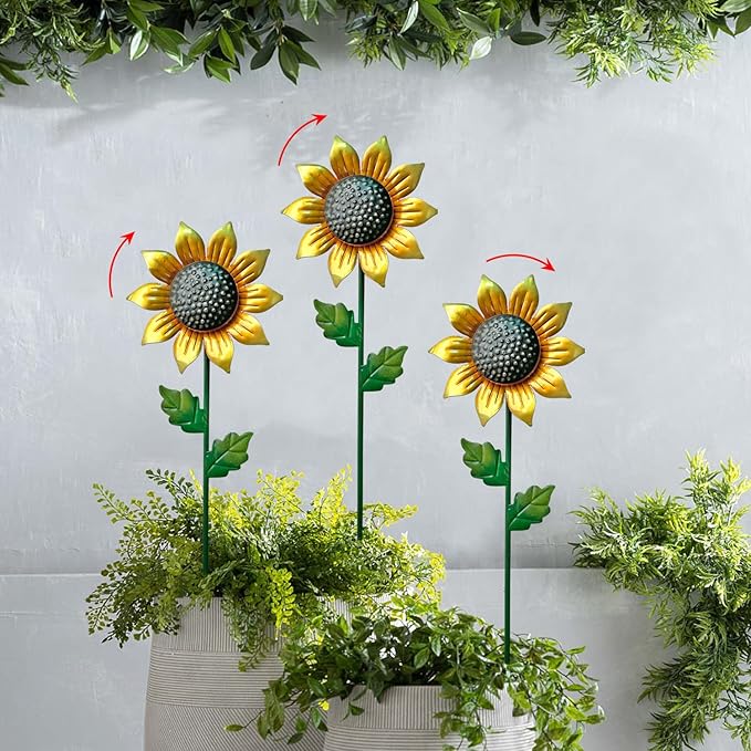 WAIU Metal Sunflower Flower Garden Stakes, Wind Catcher Spinner Garden Stakes, Garden Windmill Stakes Outdoor Wind Catchers, Yard Decor Stakes, Set of 3