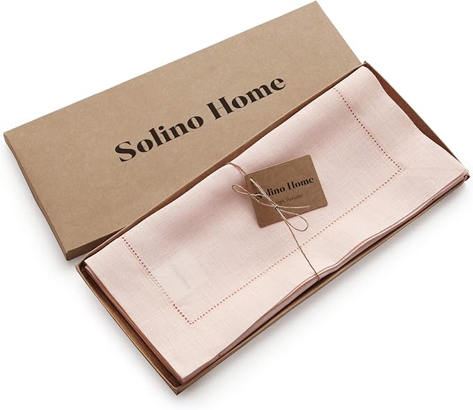 Solino Home Linen Pink Table Runner 60 Inches - Classic Hemstitch, 100% Pure Linen Coffee Table Runner 14 x 60 Inch Ideal for Dresser Tables - Halloween