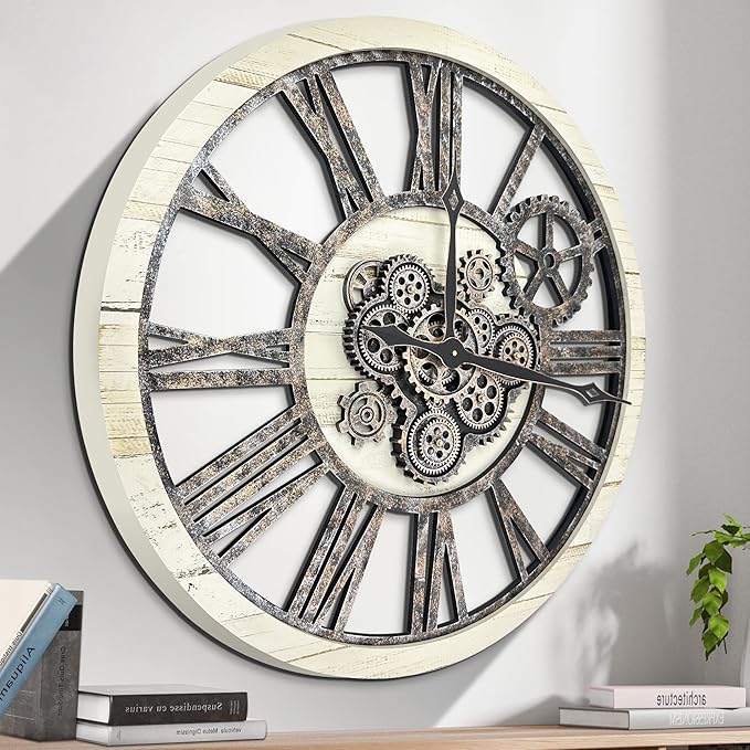 HOIBAI Large Wall Clock, Wall Clocks for Living Room Decor 30 Inch Farmhouse Vintage Rustic Kitchen Wall Decor Vintage Roman Oversized Wall Clock for Home Bedroom House, Moving Gears Clock