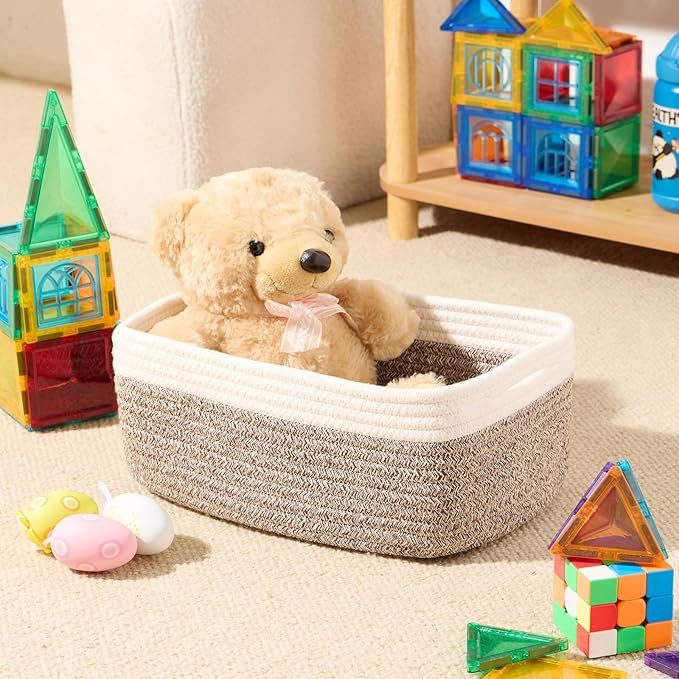 Small Storage Baskets for Organizing | Closet Organizer Bins | Shelf Toy Basket | Woven Rope Baskets | Cube Decorative Box | Shallow Basket | 13x8.5x5.1” | 3 Packs White Brown
