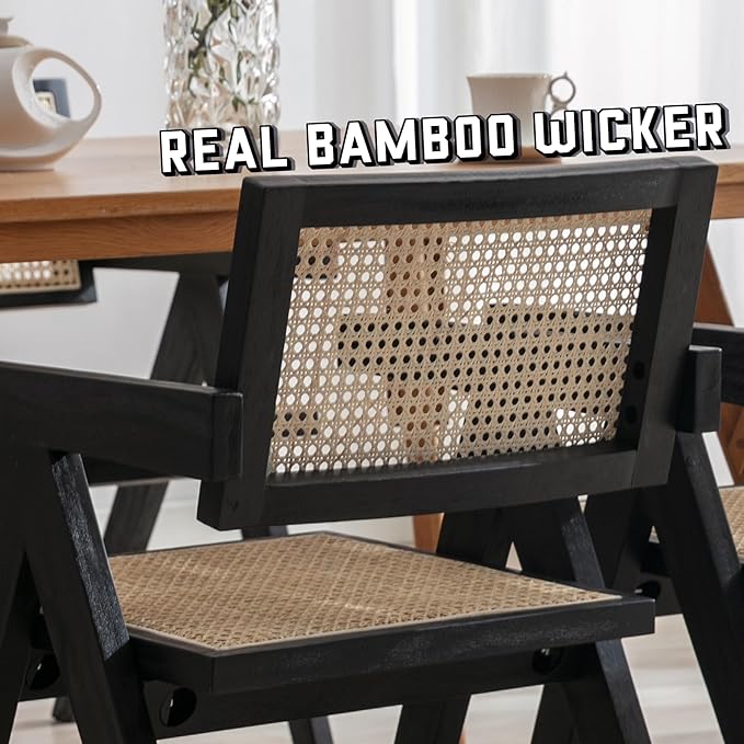 Rattan Dining Chairs Set of 4, Farmhouse Wicker Dining Chairs with Cane Seat Accent Armchair for Dining Room Kitchen Restaurant, Walnut