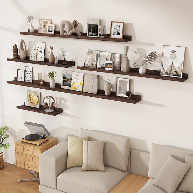 Floating Picture Ledge Shelves 36 Inch Solid Oak Wood Set of 2, Rustic Wall Storage Shelves with Lip, Kids Bookshelf, Photo & Picture Ledge Shelves for Bedroom, Living Room, Kitchen