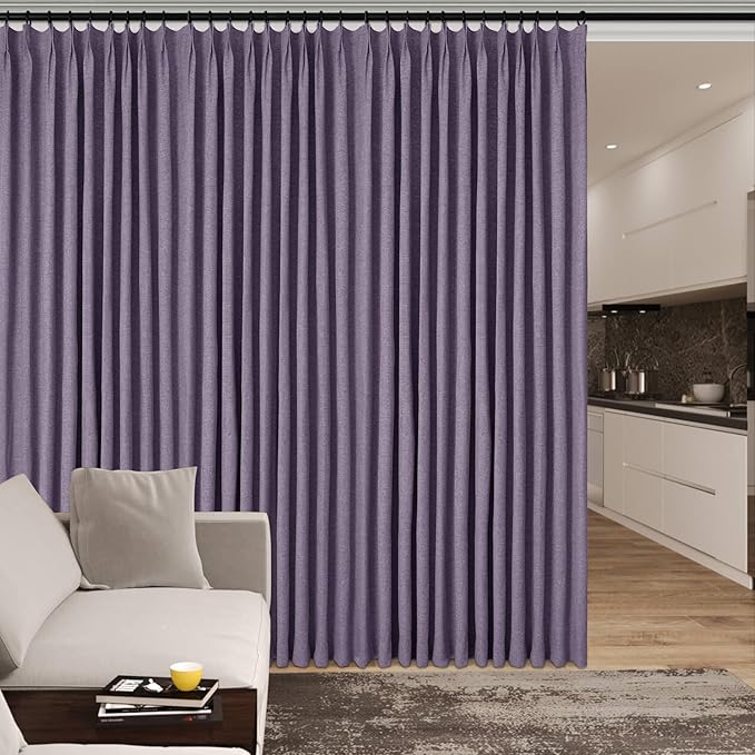 Extra Wide 100% Blackout Linen Textured Curtains - Room Dividers, W150 x L108 (1 Panel), Pinch Pleat Drapes for Living Room, Full Light Block Out Drapery for Sliding Door, Violet