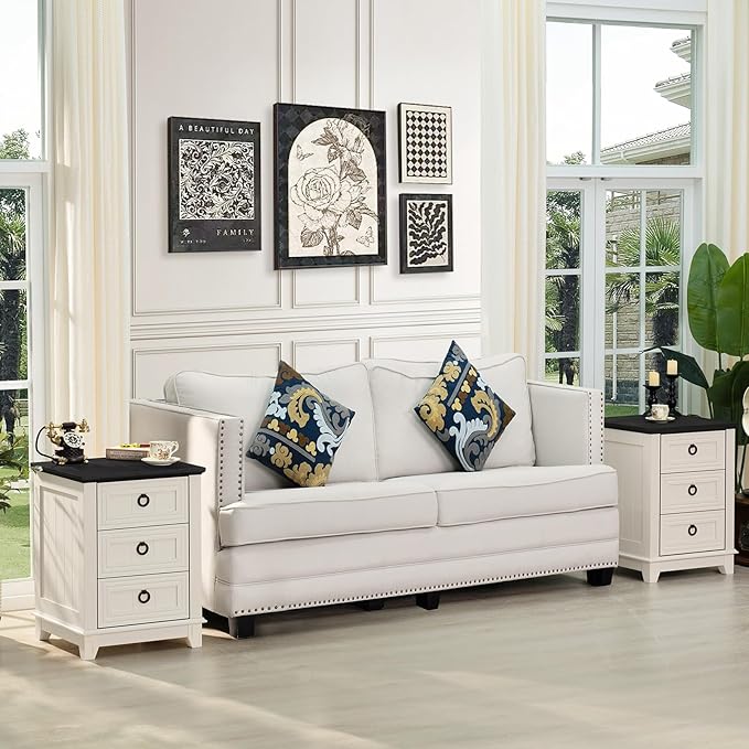 Farmhouse Night Stand Set of 2, 18" End Table with 3 Drawer Metal Handle, Dresser for Bedroom, Sofa Bed Side Table Chest of Drawers,Wood Nightstand Cabinet for Organizer, Living Room-White