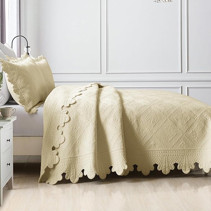 MarCielo 3-Piece 100% Cotton Oversized Bedspread Lightweight Quilt Coverlet Embroidery Farmhouse Bedding Set (Tk Beige Khaki, Oversized Queen (100"x106"))