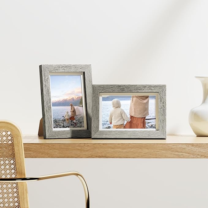 Vittanly 4x6 Picture Frames Set of 9, Shatter Resistant Plexiglass, Display 3.5x5 Pictures with Mat or 4x6 without Mat, Photo Frames for Wall or Tabletop, Engineered Wood, Grey