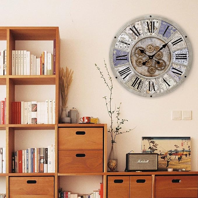 Unique Moving Gear Large Wall Clock 21inch-Battery Powered. Retro Industrial Steampunk Country Farmhouse Decor for The Living Room Kitchen Bars cafes Offices(whith/metal/21)