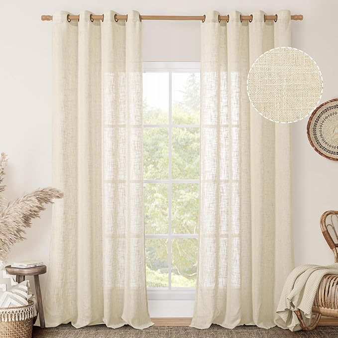 LAMIT Linen Curtains 95 inch for Living Room, Soft Thick Light Filtering Boho Window Textured Neutral Drapes Bronze Grommet for Bedroom Farmhouse, 2 Panels Set 52 x 95 Inch, Beige