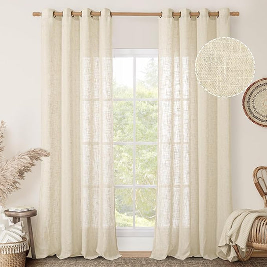 LAMIT Linen Curtains 95 inch for Living Room, Soft Thick Light Filtering Boho Window Textured Neutral Drapes Bronze Grommet for Bedroom Farmhouse, 2 Panels Set 52 x 95 Inch, Beige