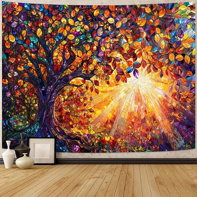 Lunerfex Tree of Life Tapestry Stained Glass Tapestry Wall Decor Tapestries for Bedroom Art Tapestries Wall Hanging for Bedroom Living Room Glass-Tree-03 70"x90"
