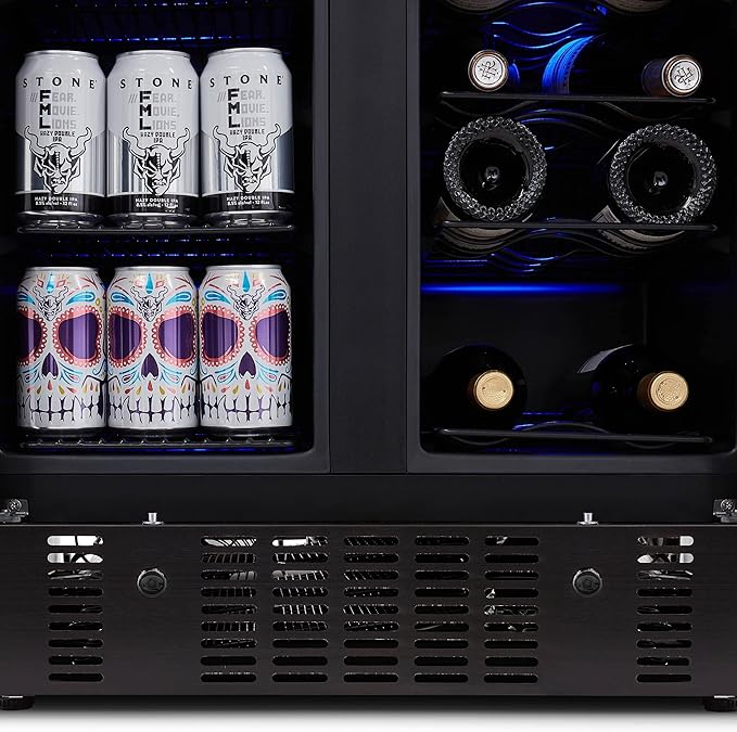 NewAir 24" Dual Zone Wine and Beverage Refrigerator, 18 Bottle & 58 Can, French Door Built-In Fridge with Lock, Black Stainless Steel Cooler, Digital Thermostat, Adjustable Shelves
