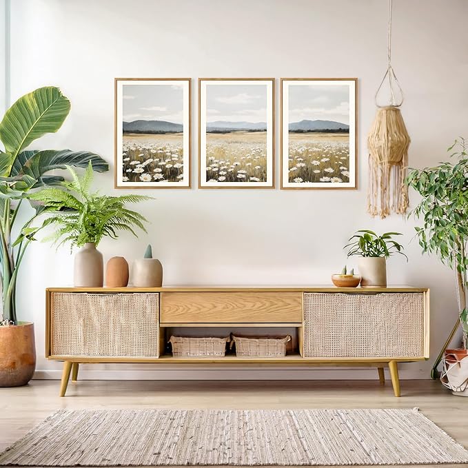 HPNIUB Flowers Wall Art Canvas White Daisy Floral Painting, Rustic Field Landscape Picture, Modern Framed Artwork for Living Room Bedroom Bathroom Dinning Room Office Home Decor Gifts-16 x24 x3