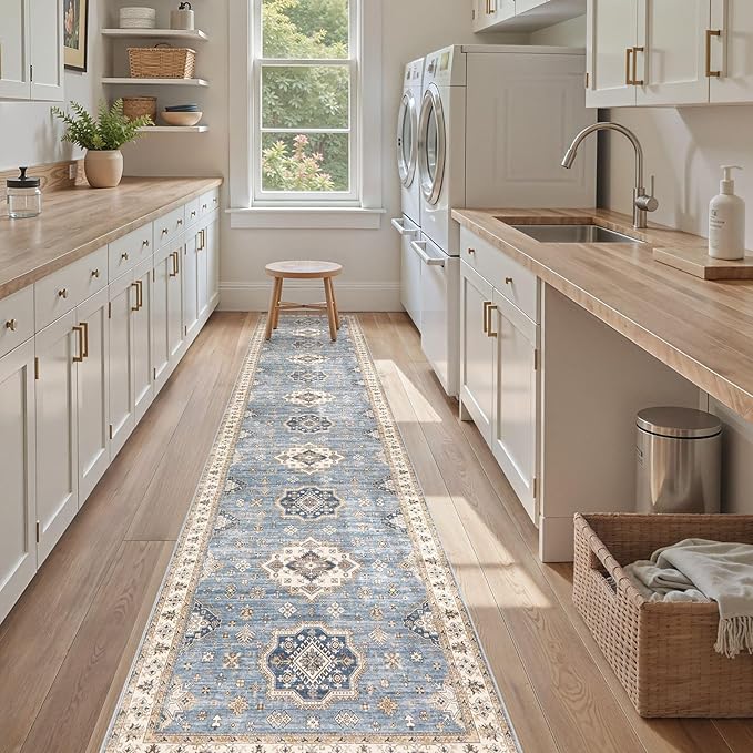 Washable 2.6x12 Runner Rug - Area Rugs Neutral Vintage Distressed Floral Farmhouse Boho Large Soft Floor Rug Indoor Carpet for Hallway Entryway Kitchen Home - Blue