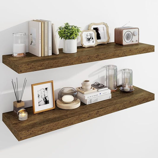 Marsmiles 39" Floating Shelves for Wall, Wooden Shelves with Invisible Brackets Set of 2, Rustic Farmhouse Wall Mounted Shelf for Kitchen Bathroom Living Room Study, Rustic Brown