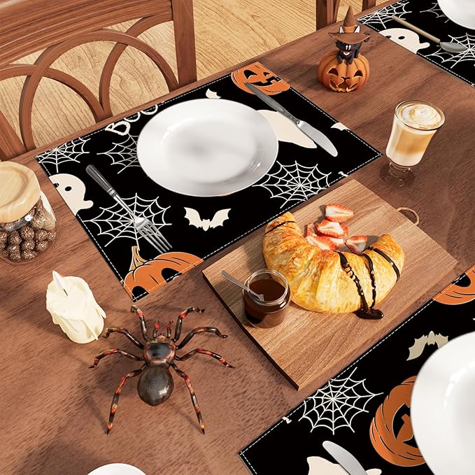 XCHI Boo Spooky Ghost Pumpkin Halloween Cloth Placemats Set of 6 Table Mats Table Decorations 12x18 Inch