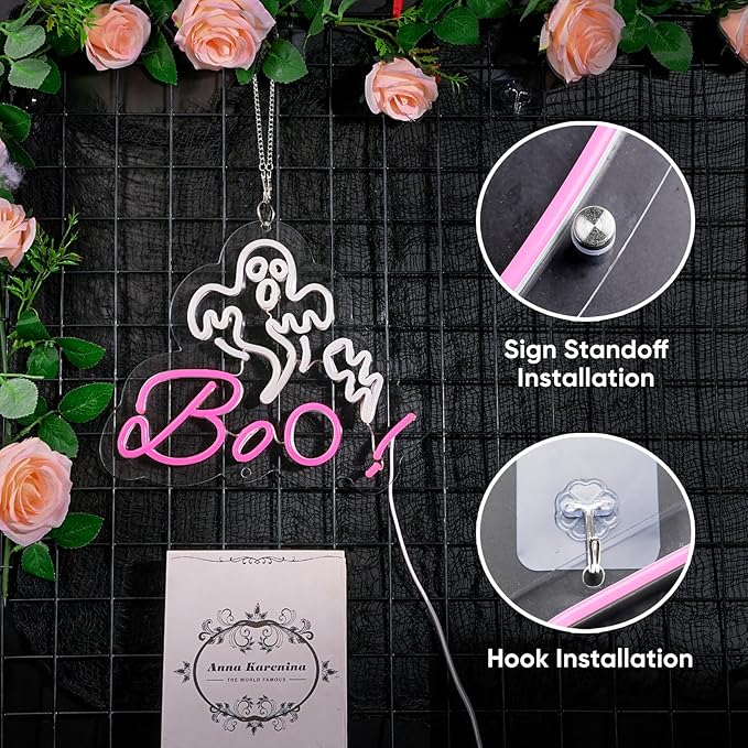 HRGXYUN Halloween Dimmable Ghost Neon Sign, Pink Boo Neon light for Wall Decor,Custom Neon Sign for Bar Club Ghost Room Decoration,5V USB Power 11.8 * 9.85in