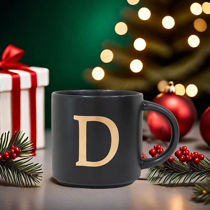 COLLECTIVE HOME - Monogram Ceramic Mugs, 15 oz Golden Initial Black Coffee Cups, Elegant Alphabet Tea Mugs, Elegant Personalized Mug with Gift Box, Unique Mug with Double Side Capital Lette (D)