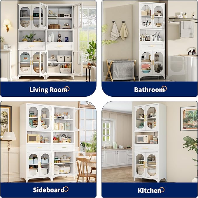 75” Tall Kitchen Pantry Storage Cabinet, Metal Storage Cabinet with 1 Drawer and Adjustable Shelves, Kitchen Pantry Cupboard, Freestanding Cupboard for Bathroom, Living Room (White-Glass Door)