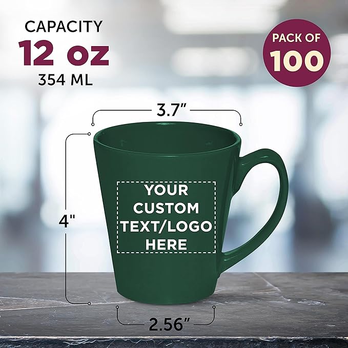 DISCOUNT PROMOS Custom Glossy Ceramic Latte Coffee Mug 12 oz. Set of 100, Personalized Bulk Pack - Perfect for Tea, Espresso, Cappuccino, Hot Cocoa - Green