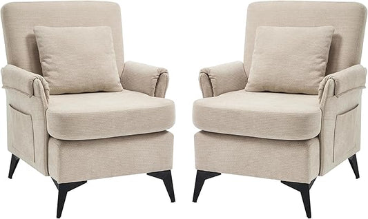 KCC Mid-Century Accent Chairs Set of 2,Chenille Modern Upholstered Single Sofa,Cozy Armchair with Back for Bedroom/Office/Cafe,Begie