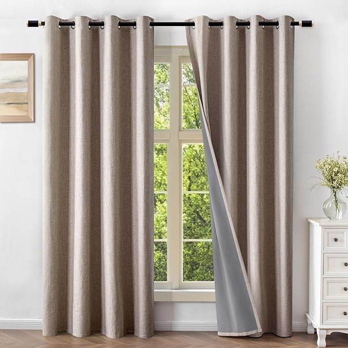 Linen Curtains 84 Inch Length 2 Panels Set, 100% Blackout Curtains Textured Thermal Insulated, Grommet Light Blocking Drapes for Living Room Bedroom Luxury Decor(52W × 84L inch, Linen)
