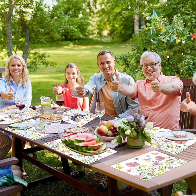 Spring Floral Butterfly Placemats Set of 6 Flower Summer Plastic Table Mats Wildflower Place Mats Washable Vinyl Rustic Holiday Table Decoration for Indoor Outdoor Party Kitchen Dining