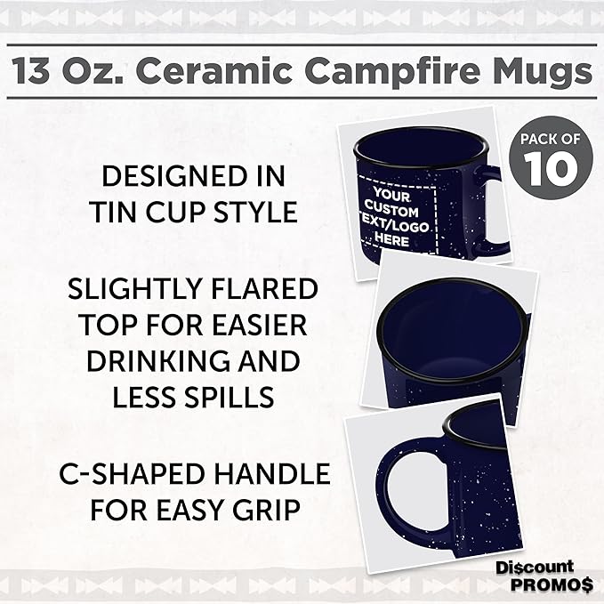 DISCOUNT PROMOS Custom Ceramic Campfire Coffee Mugs 13 oz. Set of 10, Personalized Bulk Pack - Perfect for Tea, Espresso, Cappuccino, Hot Cocoa - Blue