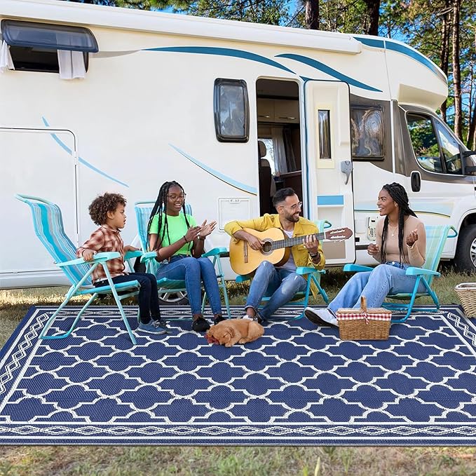 GAOMON Outdoor Plastic Straw Rug, 10'x14' Reversible Sage Green Patio Mat, Flower Modern Design for RV, Backyard, Deck, Camping, Picnic, Navy/White(Geometric)