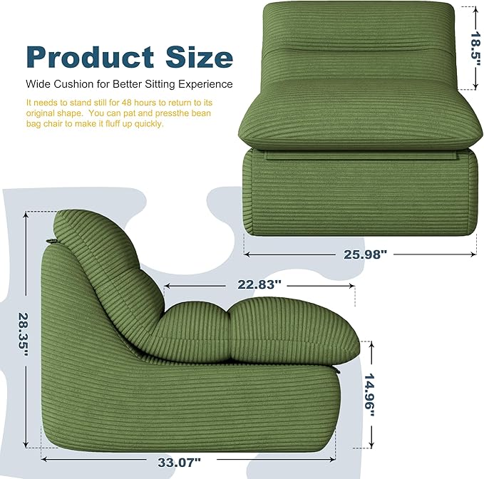 Misolant Bean Bag Chairs，Big Corduroy Fabric Sofa Bean Bag Chair for Adults and Teens with High-Resilience Sponge, Non-Slip Base Floor Lounge Sofa for Home, Living Room, Bedroom, Gaming Green