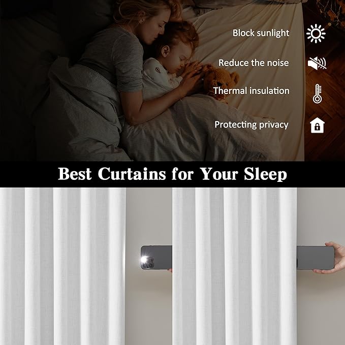 RAIN CITY Snow White Linen Blackout Curtains 90 Inch Long for Living Room,Pinch Pleated Drape with Hooks Back Tab Modern Boho Decor, Black Out Curtains for Bedroom 50 Wide