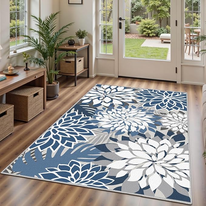 Area Rug 3x5 Blue White Washable Entry Rug Multicolored Tropical Botanical Modern Floral Indoor Kitchen Door Mat Entrance Carpet Non Slip for Bedroom Living Room, Porch