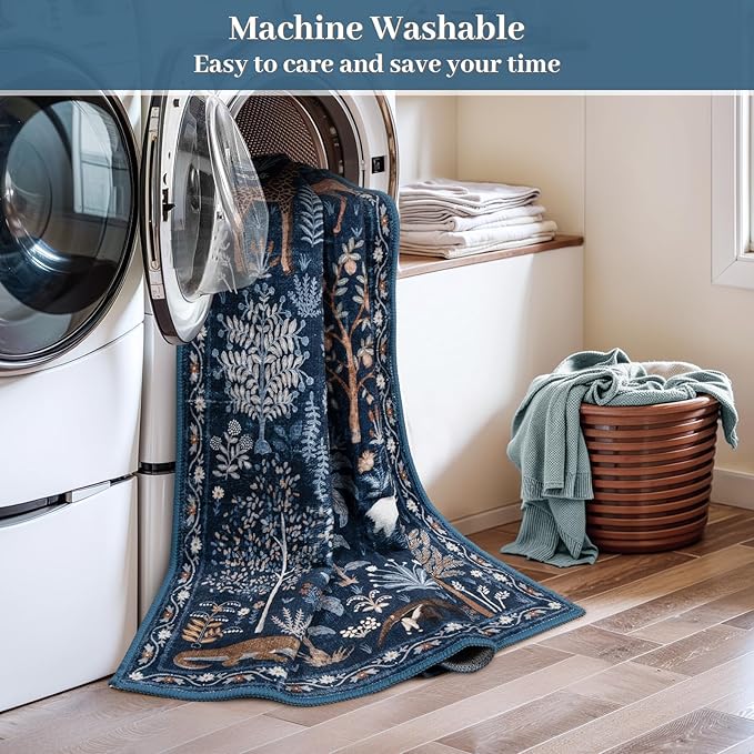 OJIA Jungle Print Blue 5x7 Rugs for Living Room, Soft Ultra-Thin Washable Area Rugs for Bedroom Non-Slip Modern Entryway Rug Non Shedding Indoor Carpet Kids Rugs for Playroom Nursery Classroom