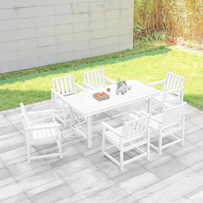 7 Pieces HDPE Outdoor Dining Set, Patio Dining Set with Umbrella Hole, All Weather Outdoor Dining Table Sets for 6, HDPE Patio Furniture Sets for Deck, Backyard, Lawn, and Poolside, Pearl