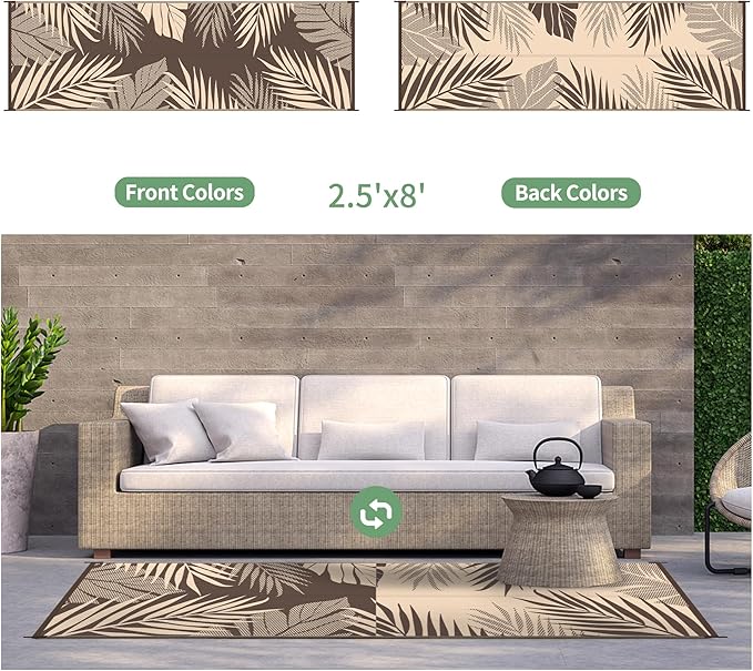 GENIMO Outdoor Rug 2.5' x 8' Waterproof for Patios Clearance, Reversible Outdoor Plastic Straw Camping Rug Carpet, Large Area Rugs Mats for RV, Camper, Deck, Balcony, Porch, Beach, Coffee&Beige