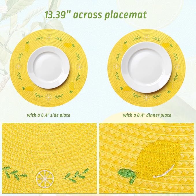 Whaline 4Pcs Round Placemats Lemon Embroidered Place Mats Summer Lemon Greenery Leaves Dinner Table Mats for Home Wedding Baby Shower Birthday Party Decor