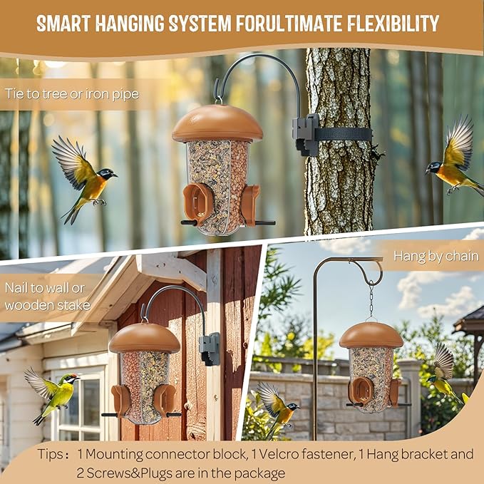 LONA Bird Feeders for Outdoors Hanging – 3 Separate Compartments, 3 Feeding Ports, Weatherproof Dome & 3 Ways to Hang, Large Capacity for Cardinals/Finches (Brown，Plus