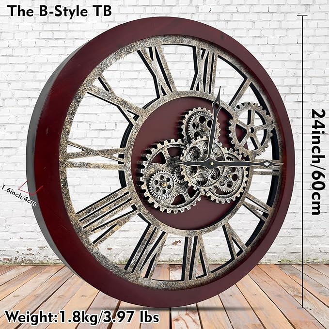 The B-Style Large Wall Clock 24 inch Moving Gear Wall Clock Oversized Vintage Farmhouse Wall Clocks for Living Room Decor Rustic Industrial Wood Clock (Walunt Wood and Bronze)