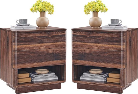 Nightstand Set of 2 with Charging Station, 22" Large Modern Bedside Table with 2 Drawers Storage,Push-to-Open End Table for Bedroom,Living Room,Brown