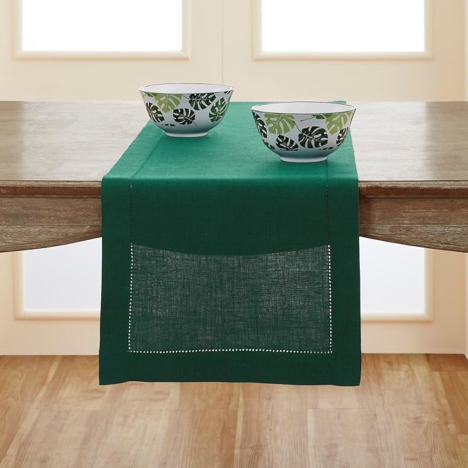 Solino Home Linen Rainforest Green Hemstitch Table Runner 60 Inches - 100% Pure Linen Small Table Runner 14 x 60 Inch Ideal for Dresser and Coffee Tables - Classic Hemstitch - Christmas, Thanksgiving