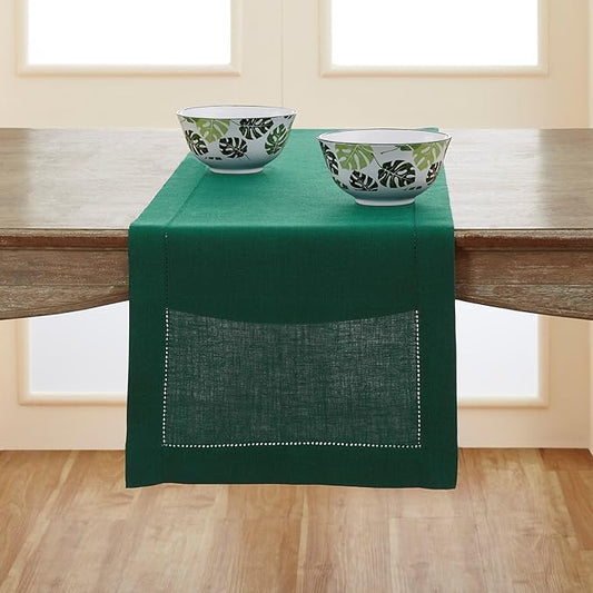 Solino Home Linen Rainforest Green Table Runner 90 Inches Long - 100% Pure Linen Hemstitch 14 x 90 Inch Table Runner for Dining, Fall, Autumn, Thanksgiving - Classic Hemstitch