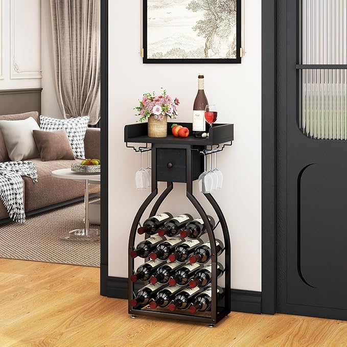 IBUYKE Wine Rack Freestanding Floor,Wine Storage 15 Bottles Bottle Rack with Glass Holders, Mini Bar Wine Cabinet with Storage Drawer for Home Bar Kitchen Dining Room,Black,UTMJ908B