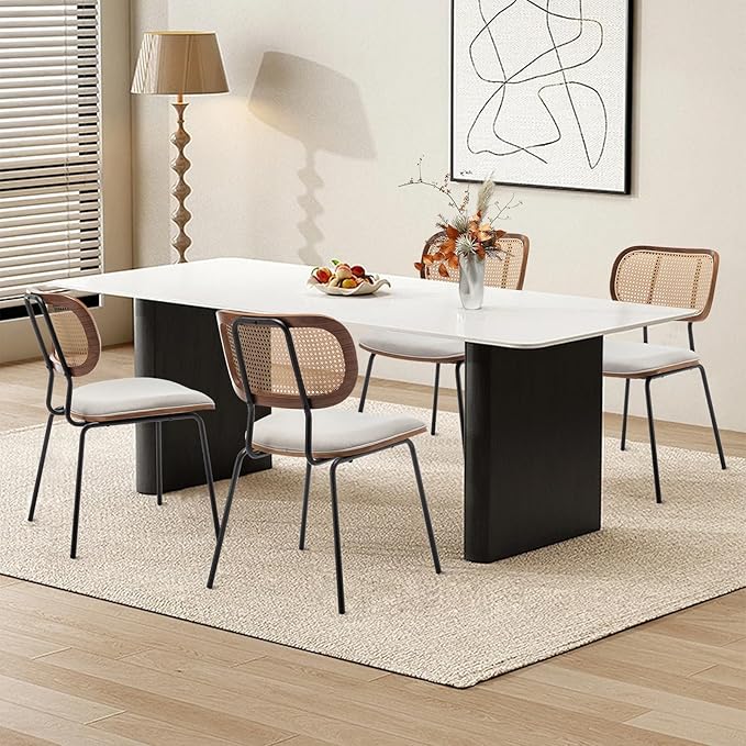 Rattan Dining Chairs Set of 4, Mid Century Modern Dining Chairs with Cane Back for Kitchen Dining Room, 19 Inch Fabric Beige