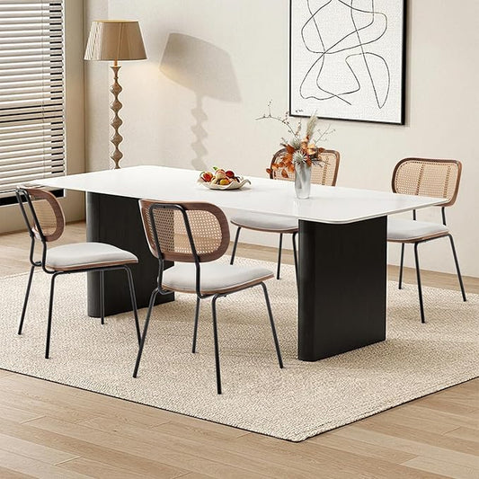 Rattan Dining Chairs Set of 4, Mid Century Modern Dining Chairs with Cane Back for Kitchen Dining Room, 19 Inch Fabric Beige