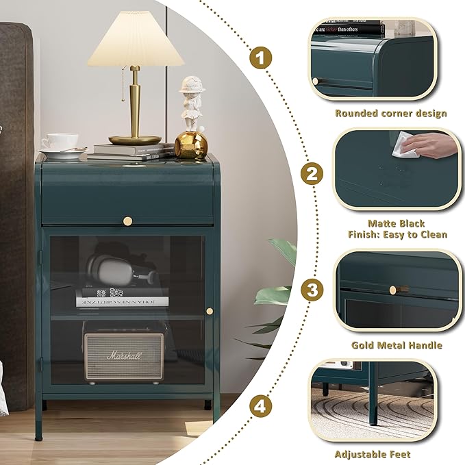 Modern Metal Side Tables Set of 2, End Tables with Glass Door, 2-Tier Nightstands with Storage Shelves, Accent Table, Slim Sofa Table for Living Room, Bedroom (Green)