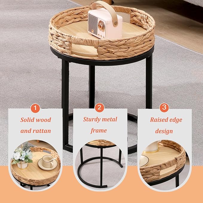 Nesting Coffee Table, Small Round Stacking Side Table with Metal Frame, Modern End Table for Living Room Bedroom Office Balcony (Rattan, 1)
