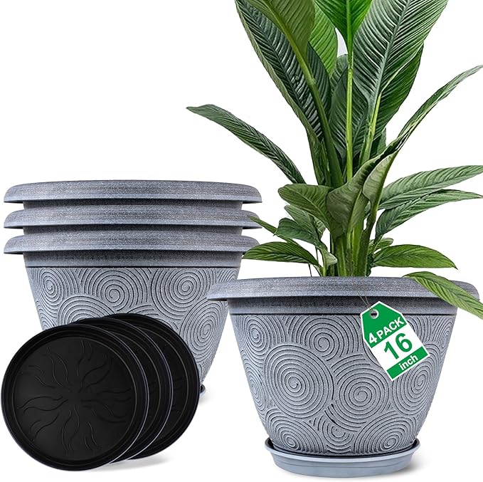 16 Inch Large Planter Pot for Plants Indoor Outdoor, 4 Pack Plastic Flower Pots with Drainage Hole & Tray, Modern Decorative Garden Pot with Saucer, Plant Container for House