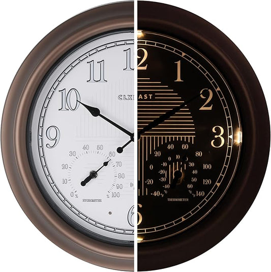 CLXEAST 18 Inch Illuminated Outdoor Indoor Atomic Analog Wall Clock with Temperature & Humidity, Lighted Outdoor Clocks for Patio Large Waterproof with Thermometer,Bronze Finish,House Warming Gifts
