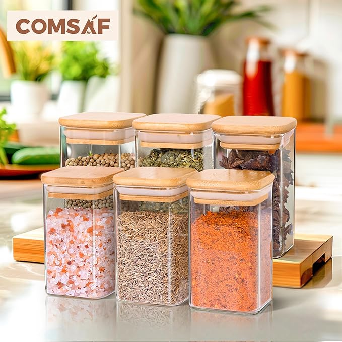 ComSaf 6Pcs 8oz Spice Jars with Label Trial Set, Glass Spice Jars with Bamboo Lids Supplementary Set, Seasoning Container Trial Pack, Perfect for Ktichen Starter
