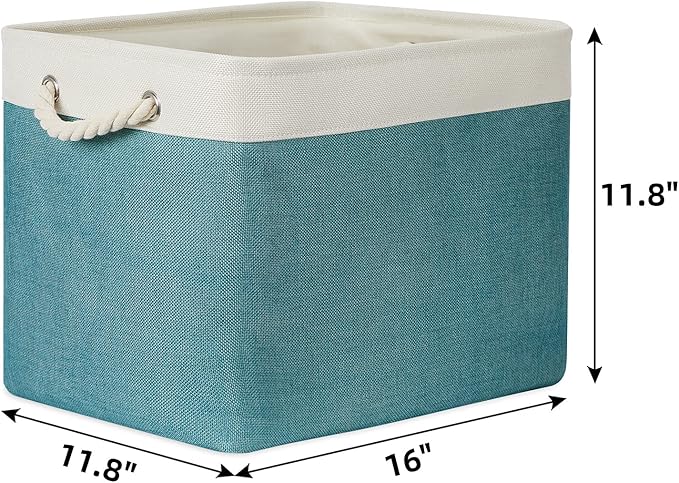 Bidtakay Foldable Storage Bins Set of 2 Tall Cloth Baskets 16" X 11.8" X 11.8" Decorative Organizers for Linen Closet (White & Teal)